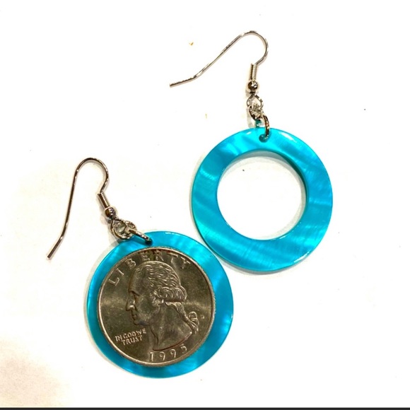 Turquoise Hoop Painted Shell Earrings - Picture 7 of 7